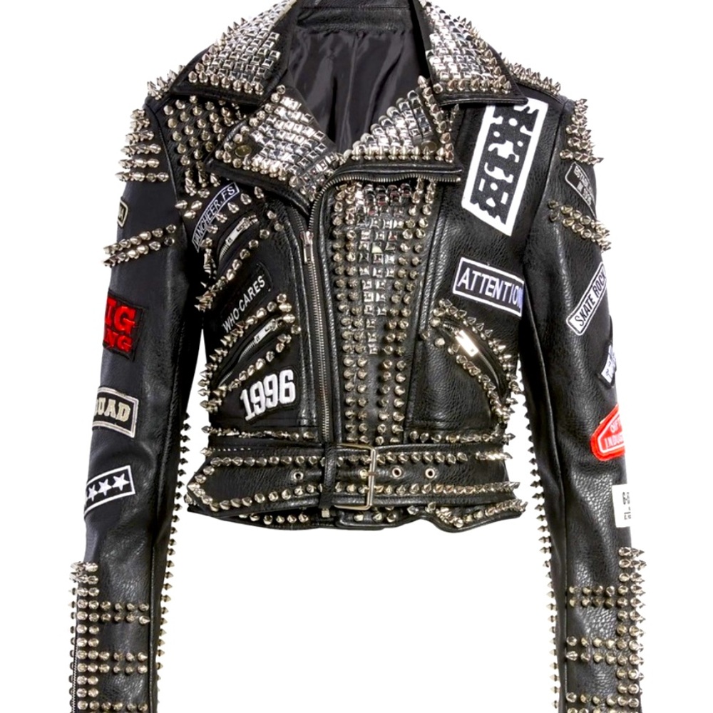 AZALEA WANG ACDC STUDDED PATCHWORK MOTO JACKET